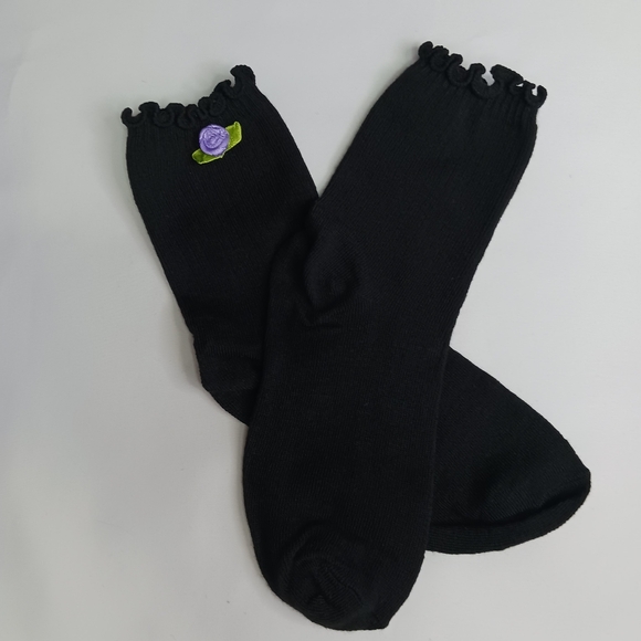 Black Lettuce Ruffle Crew Cut Socks with Satin Purple Rose. - Picture 3 of 3
